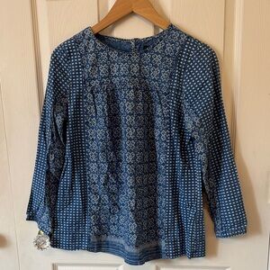 J. Crew Indigo Blue Patterned Long-Sleeve Peasant Blouse